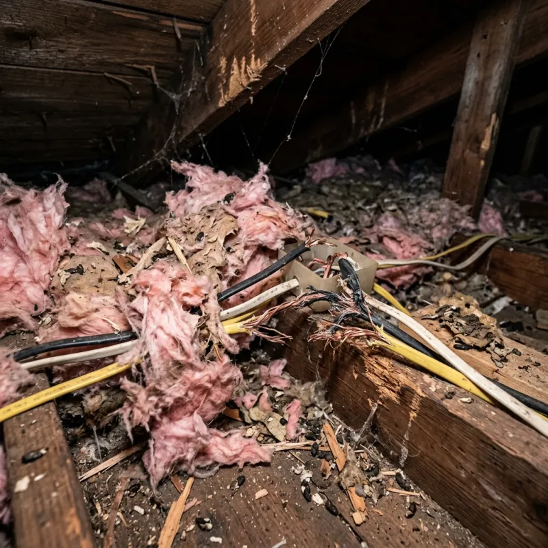 Contaminated ceiling insulation being assessed in a Windsor roof space
