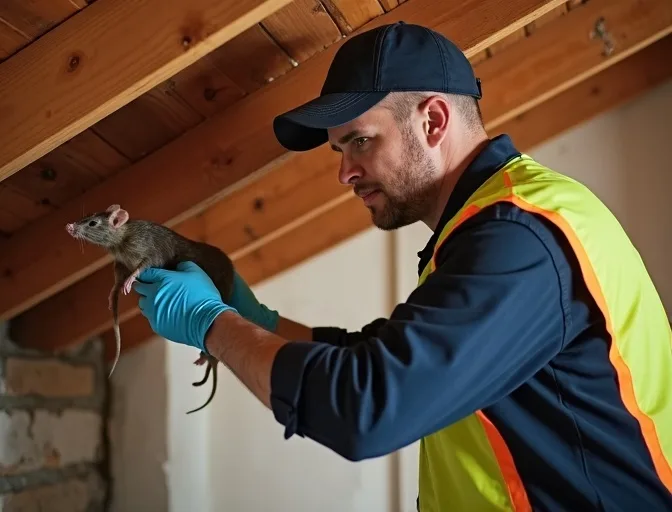 Technician inspecting a roof cavity for a dead rat in Windsor